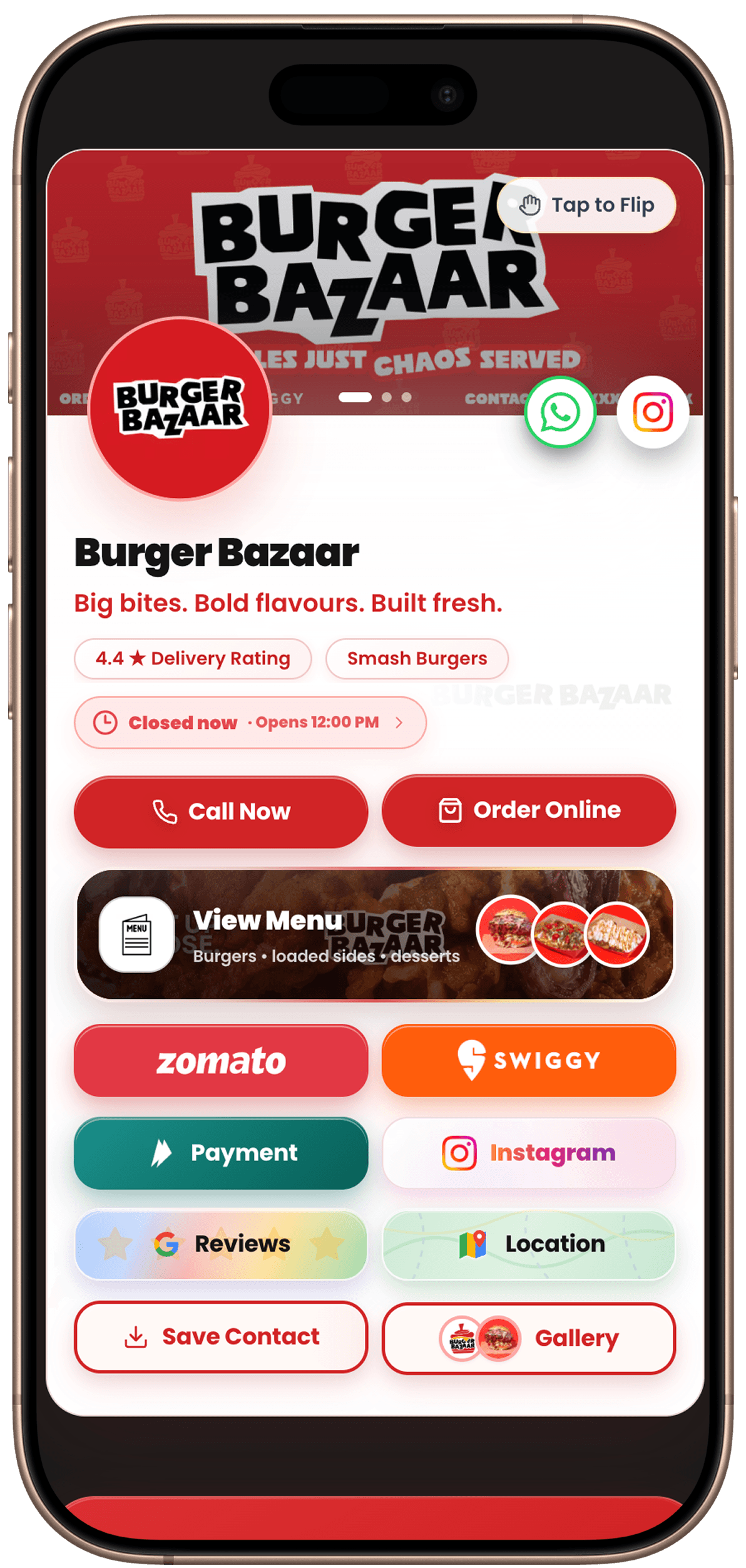 Burger Bazaar OneLink restaurant mobile mockup